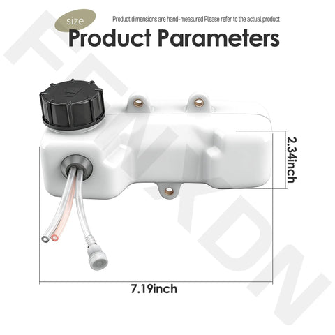 Fuel Tank Kit A350000300 Compatible With Mantis 2 Cycle Engines With Three Hole Grommet And Three Fuel Hoses All In One Replacement Kit Includes Tank Cap Grommet And Hoses shown with size dimensions