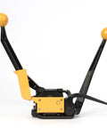 Hefty No Fuss Sealless Steel Strapping Tool And 3 In 1 Manual Metal Banding Machine with yellow handles and black body.