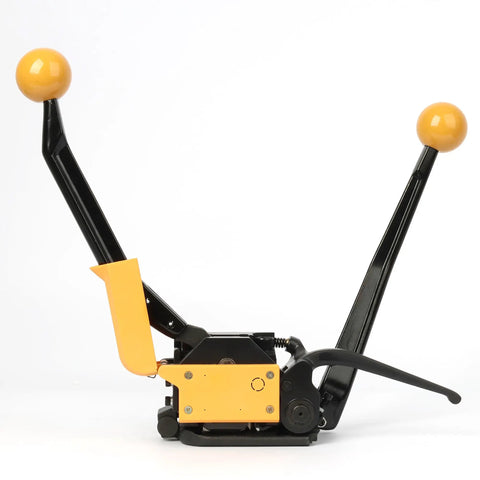 Hefty No Fuss Sealless Steel Strapping Tool And 3 In 1 Manual Metal Banding Machine with yellow handles and black body.
