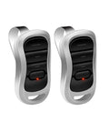 Two Pack G3T R Garage Door Remote Replacements For Genie And Overhead Door Openers, black with silver trim, angled view