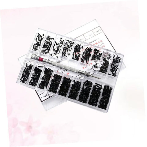 Slick Miniature Screw And Bolt Assortment Kit In Clear Storage Case For Handymen And Weekend Warriors Seeking Quick Home Repair And Fine Mechanics, showing black fasteners and organizer.