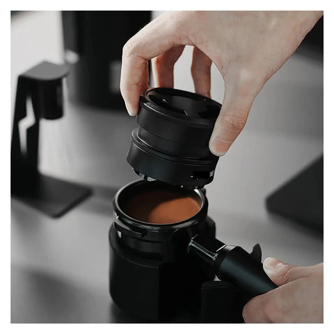 Hella Smooth Espresso Bed Leveler Cyclone Coffee Distributor Spinner for 51 58 Mm Portafilters in use, handling portafilter.