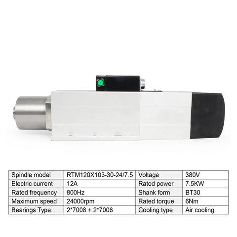 Rugged Air Cooled ATC Spindle Motor Kit With VFD Controller For CNC Router Milling Rig 7500Watt 380Volt BT30 Taper side view image.
