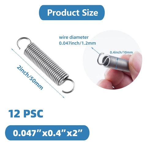 12-piece stainless steel extension springs with hook ends, 0.047 in diameter x 2 in long, front view