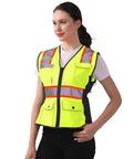 Kickass Hi Vis Safety Vest For Women Snag Free Mesh With Loud Reflective Tape Zip Closure features vibrant yellow mesh and heavy duty pockets.