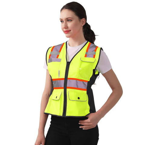 Kickass Hi Vis Safety Vest For Women Snag Free Mesh With Loud Reflective Tape Zip Closure features vibrant yellow mesh and heavy duty pockets.