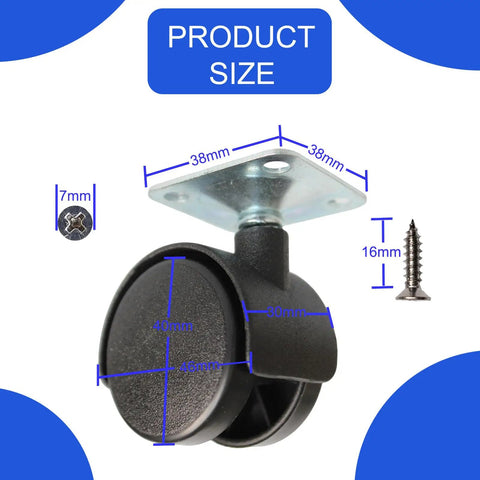 1.5 Inch Caster Wheels Replacement Set 4 Pack Universal Small Swivel Rollers for Furniture with screw and measurements displayed.