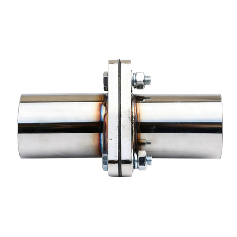 Built Tough Stainless Steel Exhaust Flange Repair Pipe Kit With 2.5 Inch Outside Diameter Three Bolt Configuration and sealed gasket close-up view.
