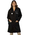 Unisex Lab Coat For Work, Long Sleeve Medical Coat With Five Pockets And Pen Slot, Durable Poly Cotton Doctor Uniform, Sharp Hospital And Clinic Look, 38 Inch Black XL
