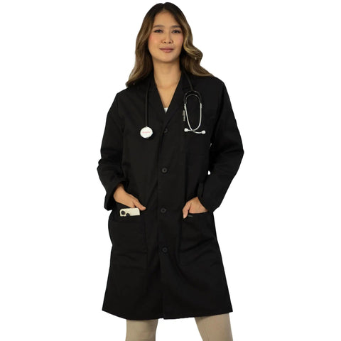 Unisex Lab Coat For Work, Long Sleeve Medical Coat With Five Pockets And Pen Slot, Durable Poly Cotton Doctor Uniform, Sharp Hospital And Clinic Look, 38 Inch Black XL