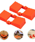 Four Pack Ratchet Band Clamp Blocks For Woodworking, Quick Fix Strap Clamps For Easy, Secure And Stable Fastening In DIY Furniture And Carpentry Projects, Belt Clamp Accessories showing two orange clamp blocks with textured surfaces.