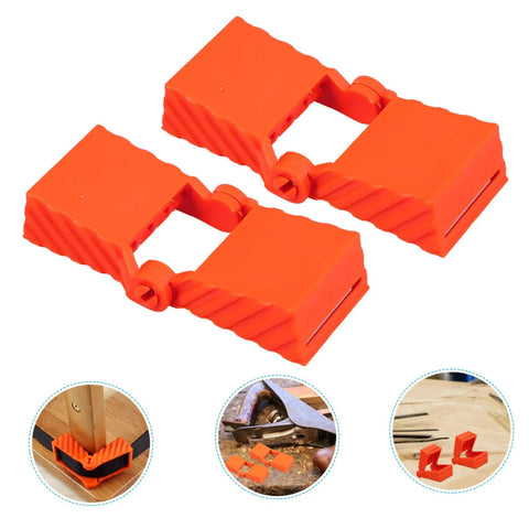 Four Pack Ratchet Band Clamp Blocks For Woodworking, Quick Fix Strap Clamps For Easy, Secure And Stable Fastening In DIY Furniture And Carpentry Projects, Belt Clamp Accessories showing two orange clamp blocks with textured surfaces.