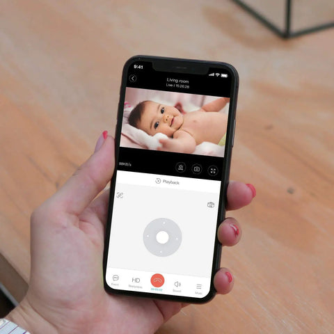 Mobile app showing live feed from 2K Security Camera With 360 Degree Coverage For Home And Pet Monitoring Smart Motion Tracking.