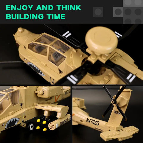 Close-up of One Thirty Scale AH 64 Apache Helicopter Model Kit for Adults Collectors showing cockpit and rotor details.
