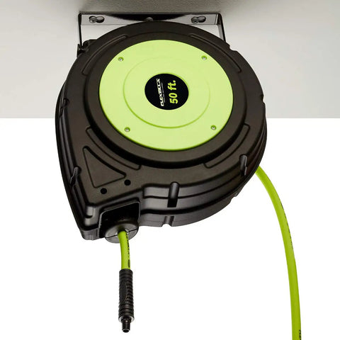 Retractable Enclosed Plastic Air Hose Reel Three Eighths Inch By Fifty Foot Heavy Duty Lightweight Hybrid ZillaGreen mounted on ceiling