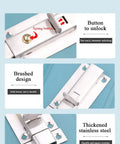Heavy Duty Stainless Steel Gate Latch Rock Solid Sliding Spring Barrel Bolt With Brass Push Button Smooth Glide, showing a close-up of the spring button.