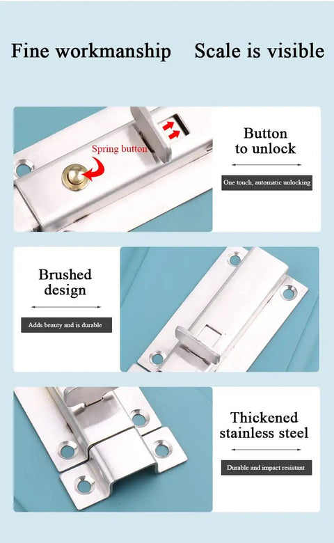Heavy Duty Stainless Steel Gate Latch Rock Solid Sliding Spring Barrel Bolt With Brass Push Button Smooth Glide, showing a close-up of the spring button.