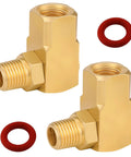 Two Pack One Quarter Inch NPT Brass Swivel Joint 90 Degree Elbow For Air Hose Reels Female To Male Threads High Pressure Up To 5000 PSI Includes Teflon Tape For Leak Free Connection. Brass 1/4 NPT elbow fittings with red seals.