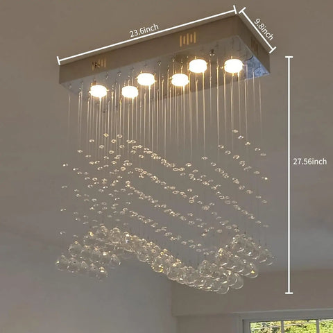 Modern Wave Rectangular Crystal Raindrop Chandelier With Chrome Finish Flush Mount Pendant Lighting For Dining Room Living Room Kitchen Island And Bedroom Dope Glam Contemporary Ceiling Light, 23.6x9.8x27.56 in