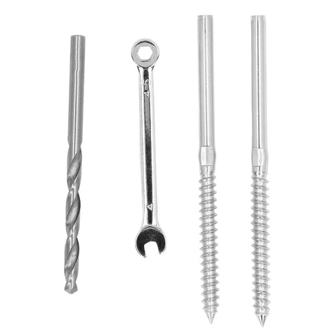Heavy Duty 316 Stainless Swage Lag Screw Kit For 1/8 Inch Cable Railing With Left And Right Handed Threads, includes wrench, drill bit.