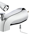 Chrome slip on tub spout with diverter for five inch tub, showing front diverter, wrench, and fitting, fits one half inch copper pipe