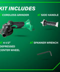 Cordless 18V 4-1/2 Inch Angle Grinder Kit With Slide Switch Boss Torque, side handle, wrench, and wheel