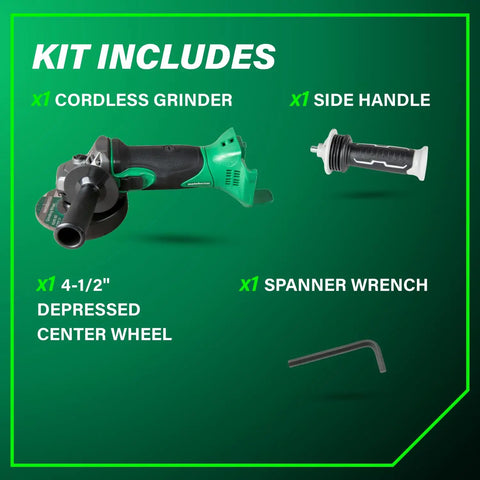 Cordless 18V 4-1/2 Inch Angle Grinder Kit With Slide Switch Boss Torque, side handle, wrench, and wheel