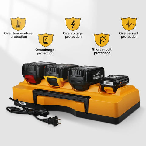 20V Quick Charger Replacement For Dewalt DCB104 Four Port Battery Charger Station With 3.0A Per Port Fast Charge, black and yellow design, safety icons visible