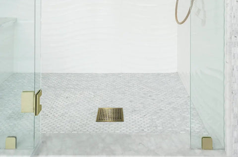 Square Shower Drain Kit In Satin Gold Finish With Marine 316 Stainless Steel Grate And ABS Base Lagos Series Mira Line 4 Inch