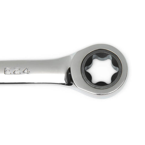 Close-up of 4 Pc Double Box Ratcheting Wrench Set SAE With 72 Tooth Ratchet And Dual Size Ends Low Profile 5 Degree Move Off Corner Loading