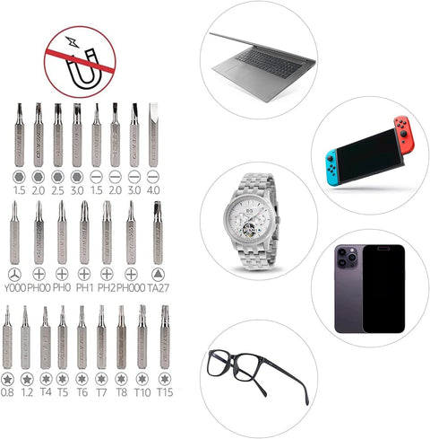 73-piece Magnetic Ratcheting Wrench And Electronics Precision Screwdriver Tool Set For Household Repairs displayed with compatible devices.