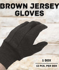 Brown Jersey Work Gloves For Men Large 12 Pack Industrial Grade Cotton Poly Blend Reusable Safety Gear With Hella Durable Build And Rock Solid Grip For Dirty Daily Grind, close-up of single glove against a textured background.