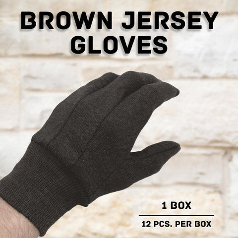 Brown Jersey Work Gloves For Men Large 12 Pack Industrial Grade Cotton Poly Blend Reusable Safety Gear With Hella Durable Build And Rock Solid Grip For Dirty Daily Grind, close-up of single glove against a textured background.