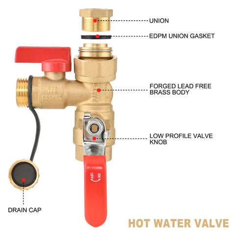 Three Quarter Inch IPS Isolator Tankless Water Heater Service Valve Kit with pressure relief valve, brass body, red handle