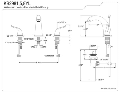 Diagram of Yosemite Widespread Two Handle Lavatory Faucet in Oil Rubbed Bronze With Solid Brass Durability dimensions and specifications.