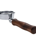 58mm Bottomless Portafilter For Breville Dual Boiler Espresso Machines With An 18 Gram Basket And Solid American Walnut Handle, side view.