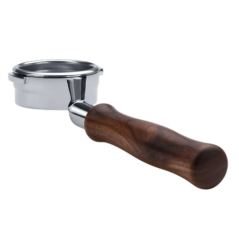 58mm Bottomless Portafilter For Breville Dual Boiler Espresso Machines With An 18 Gram Basket And Solid American Walnut Handle, side view.