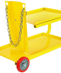 HEAVY DUTY YELLOW POWDER COATED STEEL WELDING CART WITH SMOOTH ROLLING CASTERS AND SLANTED WORK SURFACE front view showing chain detail.