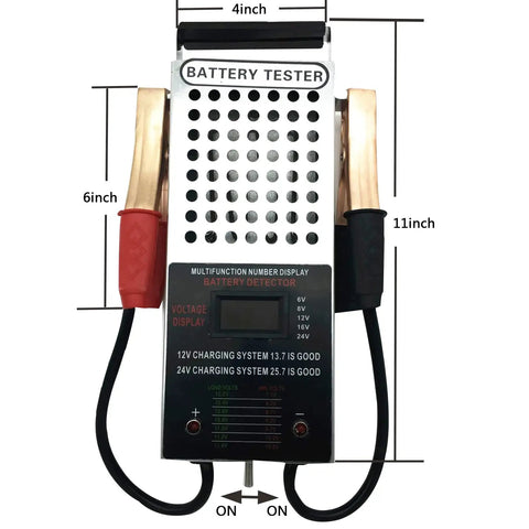Car Battery Load Tester With Digital Voltmeter And Alligator Clips, Supports 6V 8V 12V 16V 24V Systems, front view with leads