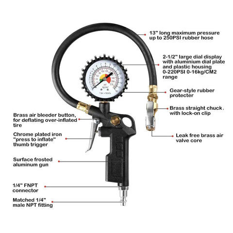 Tire Inflator Deflator Gauge With Two And A Half Inch Dial, Brass Lock On Chuck, 13 Inch Rubber Hose, 0-220 PSI Range, All In One Air Pressure Tool For RV Car Motorcycle Bike