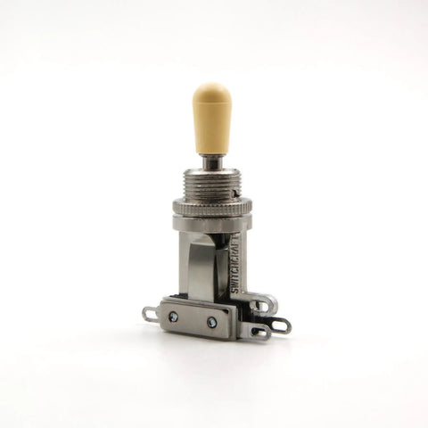 3 Way Toggle Guitar Switch With Cream Tip For Les Paul Style Guitars Easy Soldering Pre Tin Nickel Plated Durable Build Fits Epiphone And Narrow Body Les Pauls No Fuss Quick Swaps For Semi Hollow And Solid Body Electric Guitars, side view