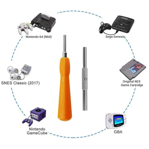 Go-To Double End Gamebit Screwdriver Kit with 3.8mm and 4.5mm bits for opening NES SNES N64 Game Boy GameCube Sega consoles.