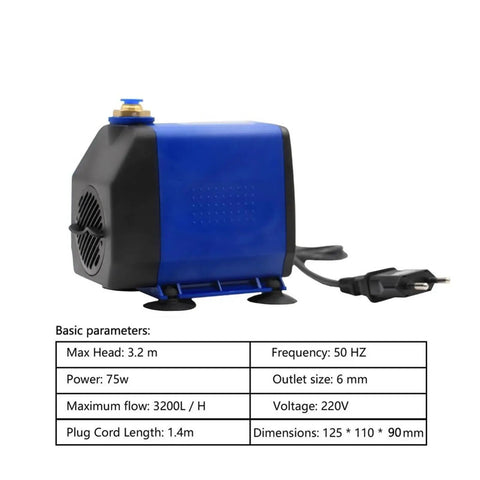 Water cooled coolant pump for CNC router, 75W, 220V, max flow 3200L/H, compact design for efficient woodwork cutting.