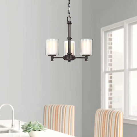 Three Light Ceiling Chandelier With Opal Clear Glass Shade For Dining Room Living Room Hallway And Kitchen Island In Oil Rubbed Bronze Finish