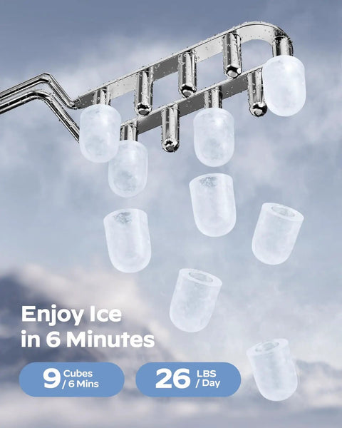 Countertop Ice Maker That Keeps It Cool With 9 Bullet Ice Cubes In 6 Minutes Up To 26 Lbs Per Day Two Ice Sizes Self Cleaning Portable With Handle Great For Home Kitchen Camping RV Or Office Sleek Black producing ice cubes