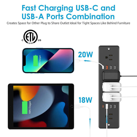 Flat Plug Recessed Power Strip With 5 AC Outlets And 6 USB Ports, showing charging 20W USB C and 18W USB A devices.