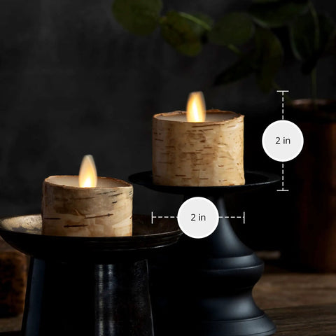 Flameless LED Tea Light Candles Set Of 2 Birch And Pearl Ivory Real Wax Look on black stands, remote timer battery operated