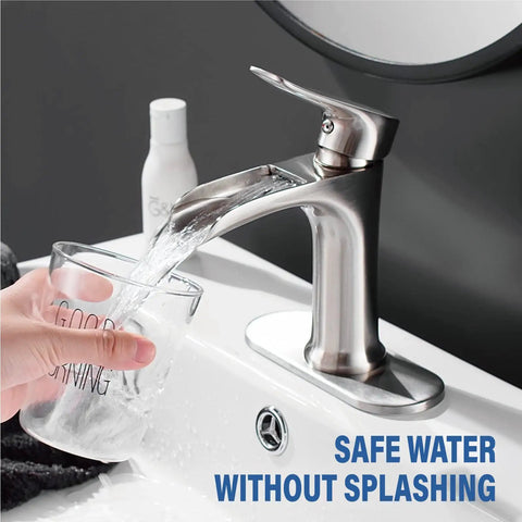 Brushed Nickel Waterfall Bathroom Faucet for Sink With 4 Inch Deck Plate Single Hole Or 3 Hole Setup in use, water flowing