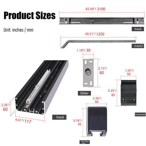 Adjustable Flush Sliding Barn Door Hardware Kit With Wall Mount No Floor Aluminum Track For Wooden Doors Hidden System 19.68 To 47.2 Inch Custom Track Supports Doors One And A Quarter To Two And A Quarter Inches Thick Up To 220 Lbs product dimensions and components displayed.