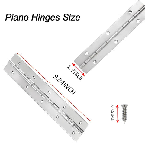 Four Pack Ten Inch Silver Stainless Steel Piano Hinges With Heavy Duty Frame And Pre Drilled Holes Include Mounting Screws, size 9.84 x 1.2 inches.